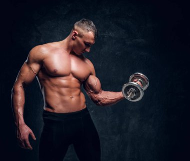 Güçlü çekici vücut geliştirmeci dumbbell ile egzersizleri yapar 