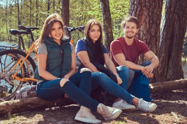 Grup Genç arkadaşlar bisikletleri ile ormana bir güzel yaz günü hiking