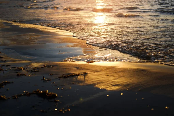 Reflexão do pôr do sol na praia com luz dourada quente, nuvens e céu azul brilhante — Fotografia de Stock