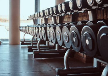 Modern güneşli spor salonunda birçok farklı dumbbells Fotoğraf