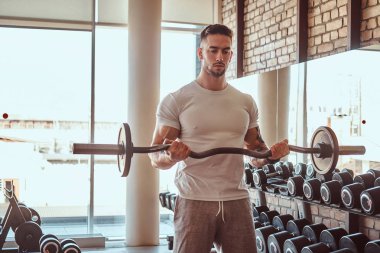 Genç dövmeli vücut geliştirici spor salonunda halterle antrenman yapıyor.