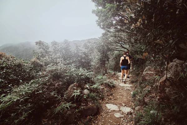 Giovane coppia sta correndo lungo il sentiero in montagne boscose — Foto Stock