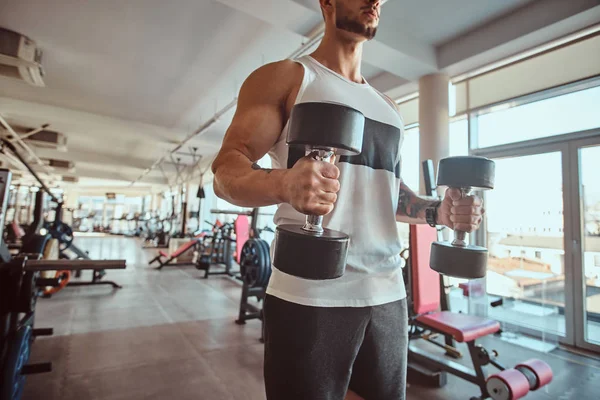 Pemuda berotot melakukan latihan dengan dumbbells di gym cerah — Stok Foto