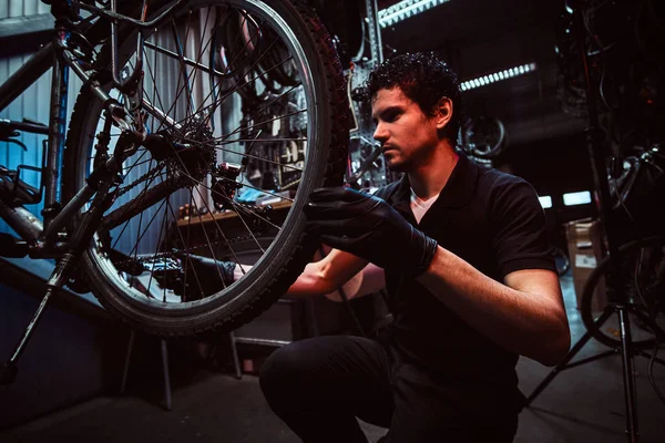 Handsome diligent master is fixing bicycles wheel at his workplace