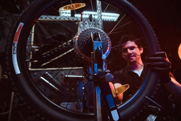 Diligente mecánico atractivo está fijando la bicicleta en su propio taller — Foto de Stock