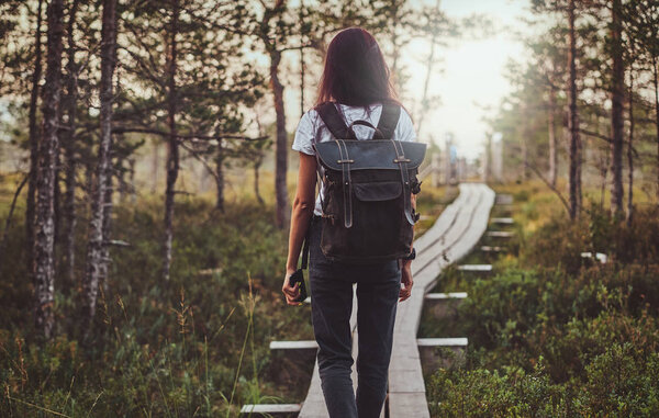 Skinny woman is hiking by the wooden path in the middle of lush pine forest.