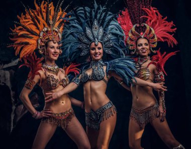 Geleneksel brasilian karnaval kostümleri üç güzel kadın stüdyoda fotoğrafçı için poz.