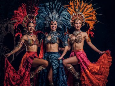 Geleneksel brasilian karnaval kostümleri üç güzel kadın stüdyoda fotoğrafçı için poz.