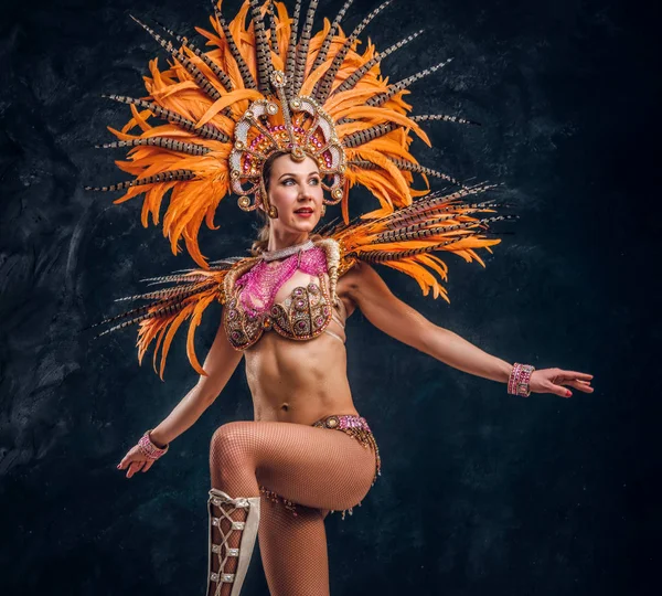 Красивая молодая женщина в специальном перьевом костюме танцует — стоковое фото