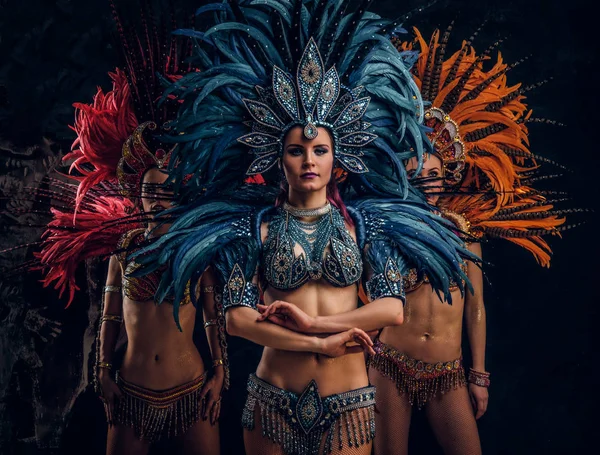 전통적인 브라질 카니발 의상을 입은 세 명의 아름다운 여성이 스튜디오에서 사진작가를 위해 포즈를 취하고 있습니다.. — 스톡 사진