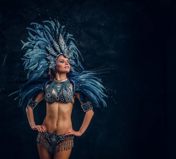 Fröhliche Tänzerin posiert für Fotografen. sie trägt ein Kostüm aus blauen Federn. — Stockfoto