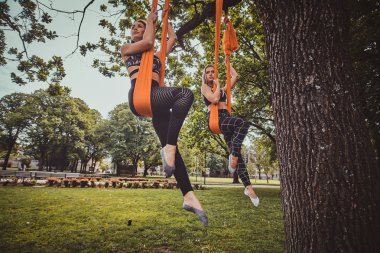 İki zarif kız yeşil parkta sapanlar üzerinde dinleniyor