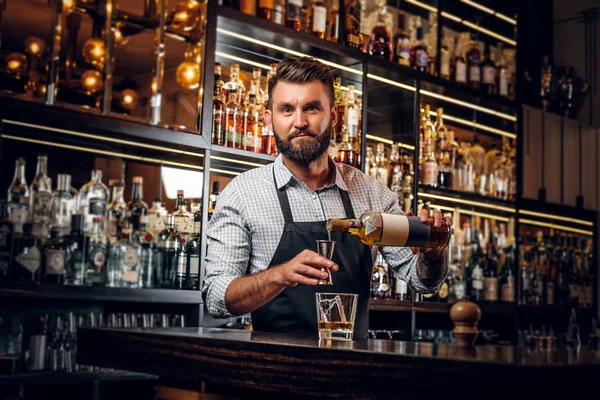 Attractive barmen alegre está preparando bebidas — Fotografia de Stock