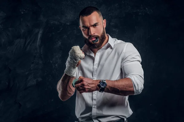 Portrait of cheeky bearded man with boxing gloves — Stock Photo, Image
