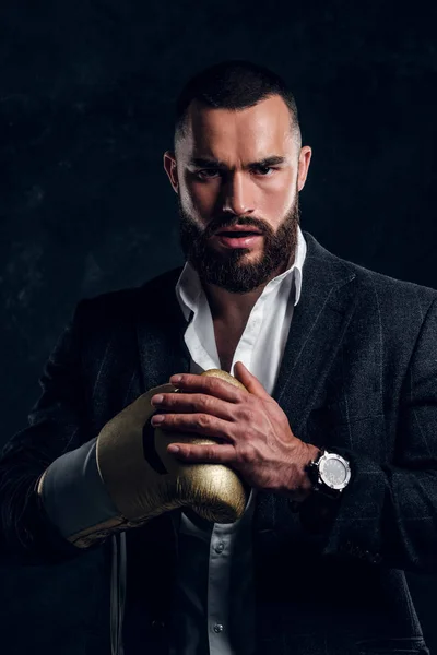 Portrait of handsome bearded man in boxing gloves — Stock Photo, Image