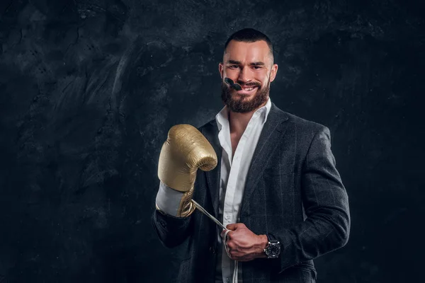 Portrait of handsome bearded man in boxing gloves — Stock Photo, Image