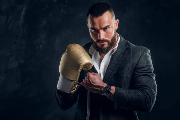 Portret van knappe bebaarde man in bokshandschoenen — Stockfoto