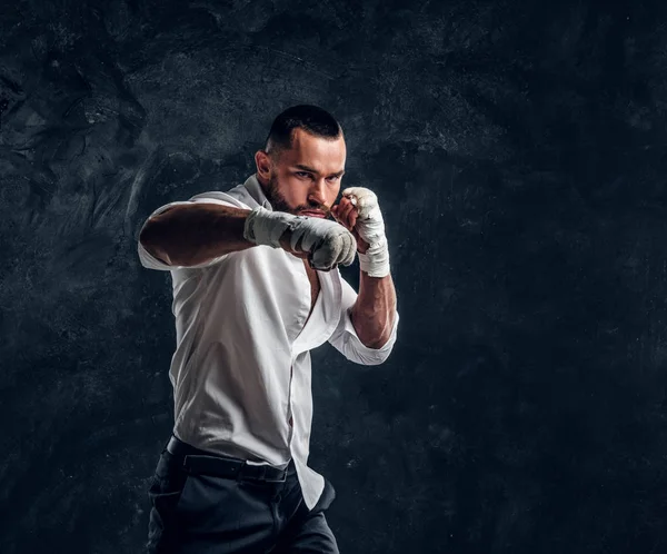 Portrait of handsome bearded man in boxing gloves — Stock Photo, Image