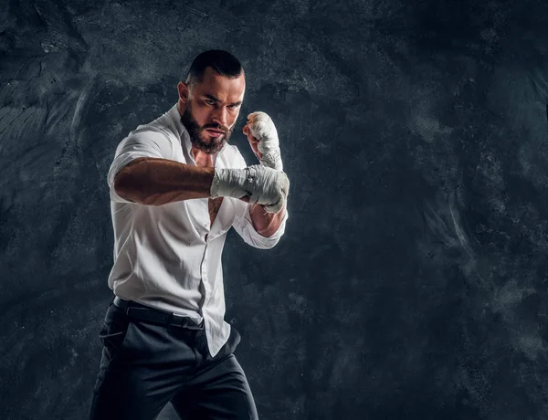 Portrait of handsome bearded man in boxing gloves — Stock Photo, Image