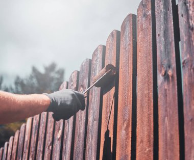 Diligent man is painting fence with brush clipart