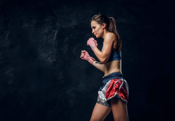 Portret miłego boksera kobiecego w ciemnym studiu fotograficznym — Zdjęcie stockowe
