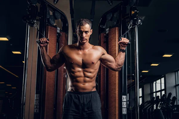 근육질의 남자가 훈련 장치로 운동을하고 있다. — 스톡 사진