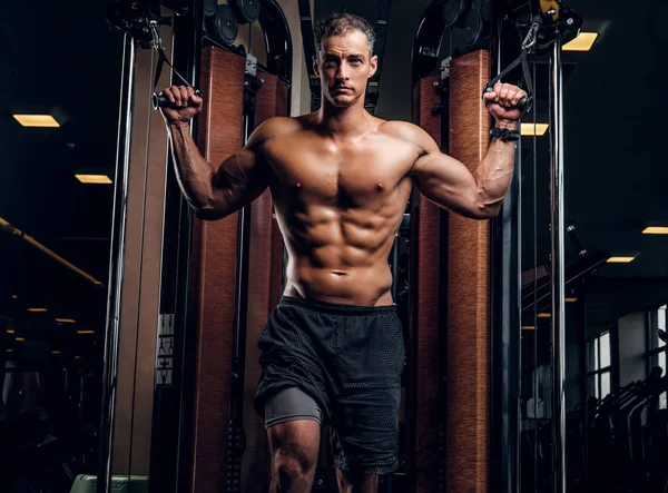 Мускулистый человек делает упражнения с тренировочным аппаратом — стоковое фото