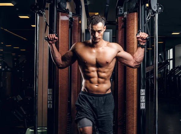 Homem muscular está fazendo exercícios com aparelho de treinamento — Fotografia de Stock