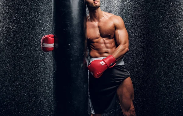 Mocný samec se pózuje s boxovací brašnou — Stock fotografie