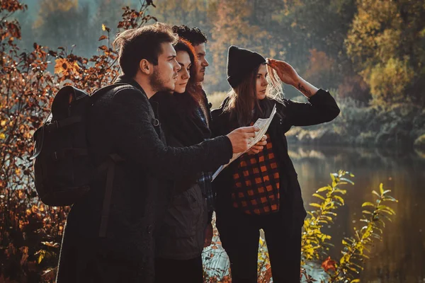 Bir grup arkadaş ormanda yürüyüş ediyor. — Stok fotoğraf