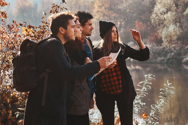 Grupo de amigos están de excursión en el bosque — Foto de Stock