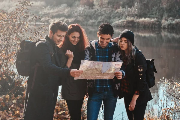 Grupo de amigos están de excursión en el bosque — Foto de Stock