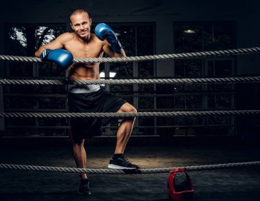 Ringdeki tecrübeli genç boksörün portresi.