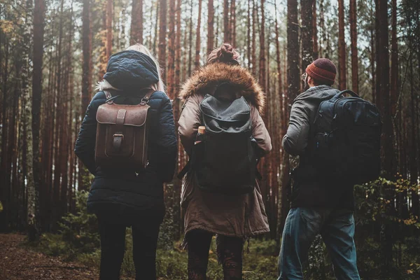 Group of friends are enjoying autumn hike in forest — Stock Photo, Image