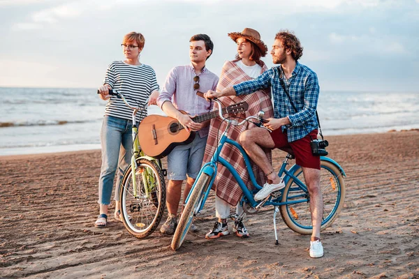 Friends with the guitar on the beach with their bicycles