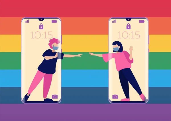 Comunicação usando um telefone celular. Distanciamento social. Design em um fundo de cores do arco-íris —  Vetores de Stock