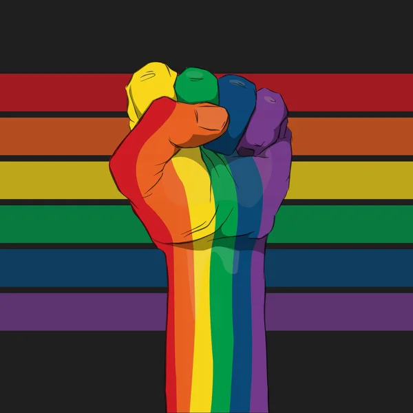 Pugno sollevato dipinto in colori arcobaleno su uno sfondo di colori arcobaleno. Adesivo, patch, stampa t-shirt, logo design — Vettoriale Stock