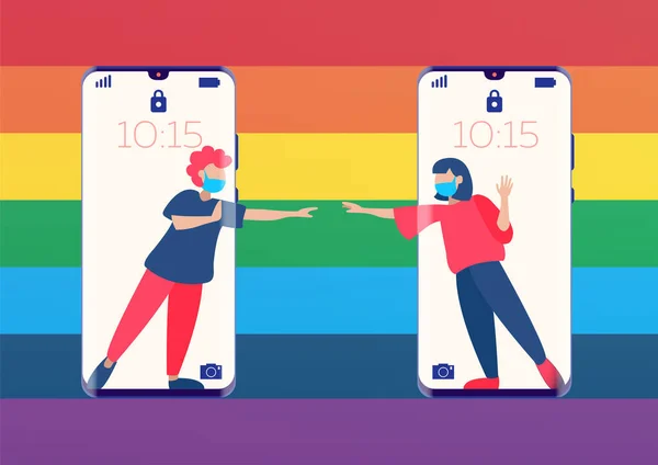 Comunicação usando um telefone celular. Distanciamento social. Design em um fundo de cores do arco-íris —  Vetores de Stock