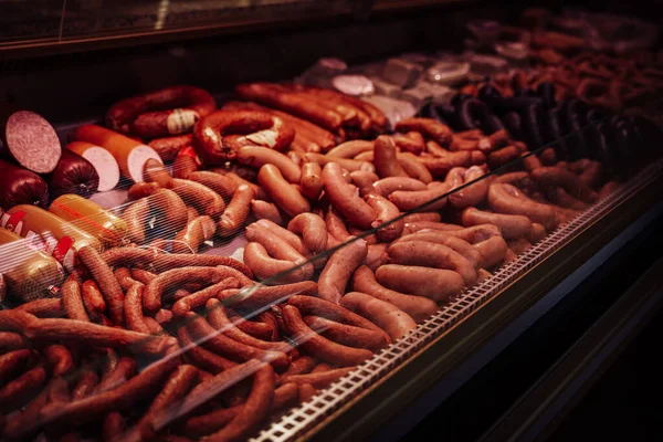 Many types of sausage products in the store