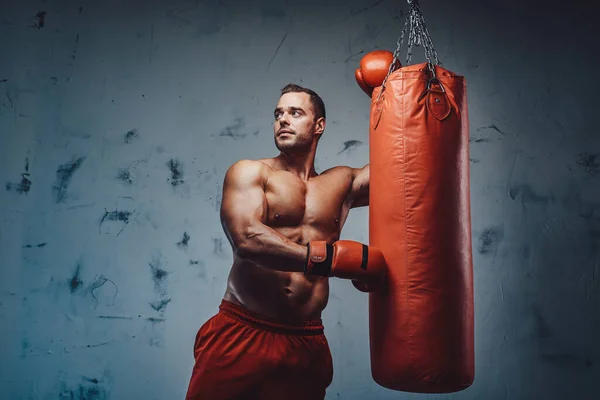 Starker selbstbewusster Mann bleibt mit Boxhandschuhen in der Nähe — Stockfoto