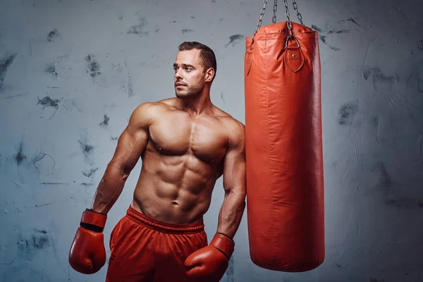 Boxeador masculino brutal que se queda con guantes y saco de boxeo —  Fotos de Stock