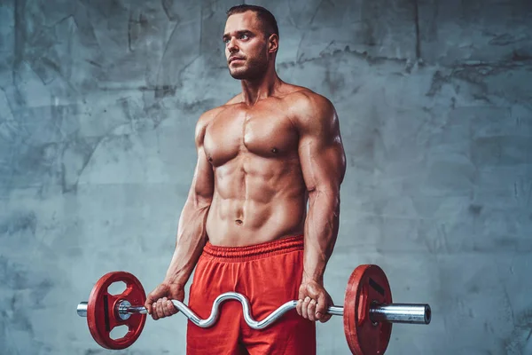 Kaslı elli sporcu arka planda halteri kaldırıyor.