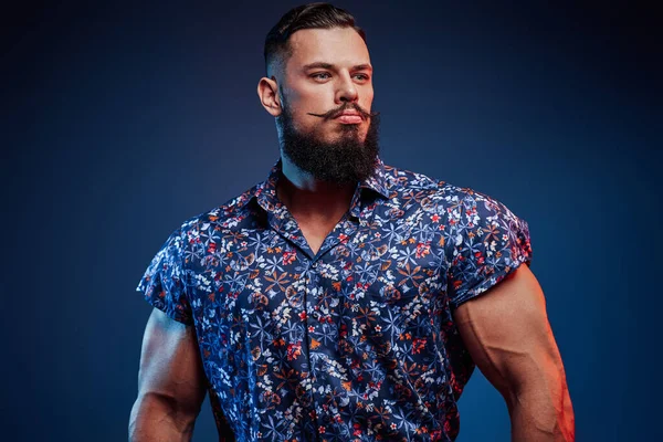 Bodybuilder barbuto in abbigliamento casual in posa su sfondo blu — Foto Stock