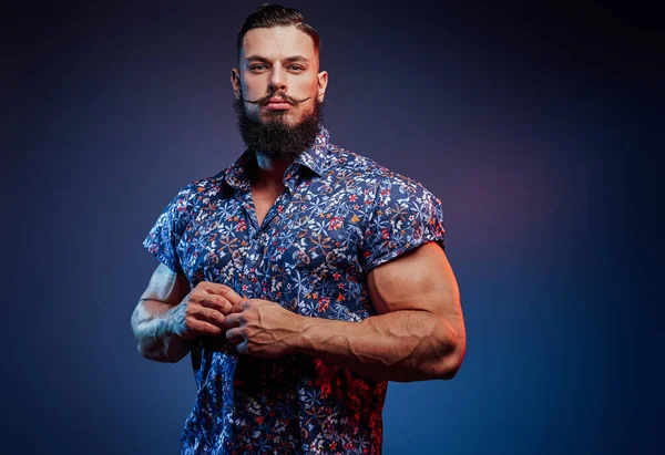 Бородатый культурист в повседневной одежде позирует в синем фоне — стоковое фото