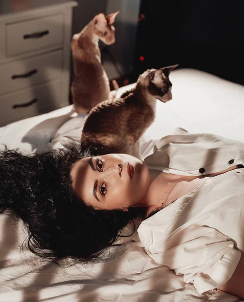 Bruna donna con i capelli ricci e gatto sdraiato sul letto — Foto Stock