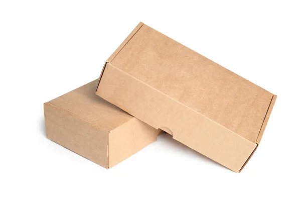 Δύο Κουτιά Από Χαρτόνι Που Βρίσκονται Λευκό Φόντο — Φωτογραφία Αρχείου