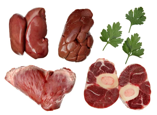 Frische Fleischprodukte mit Petersilienblatt Stockbild