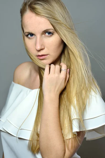 Portrait Beautiful Blonde Woman Long Blowing Hair White Dress Studio — Stock Photo, Image