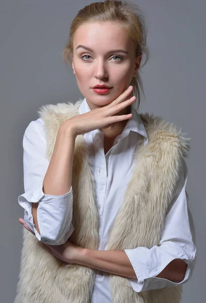 Torso Portrait Beautiful Blonde Woman Fur Jacket — Stock Photo, Image