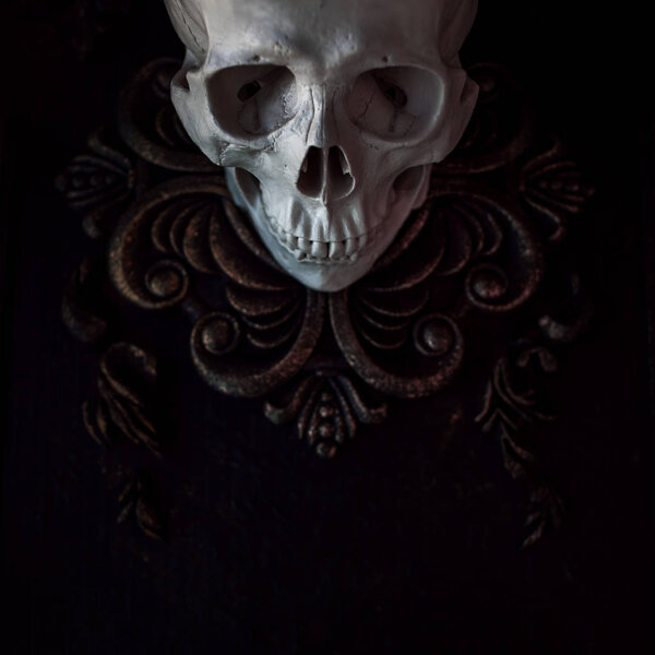 Human skull on the background of patterns. Black background, Halloween concept